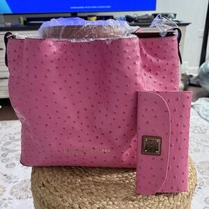 Dooney & Bourke Pink ostrich embossed, leather Large Barlow and Wallet Set